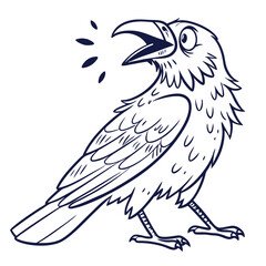 Fototapeta premium Single stylized crow stands alert with open beak, its outline bold and clean