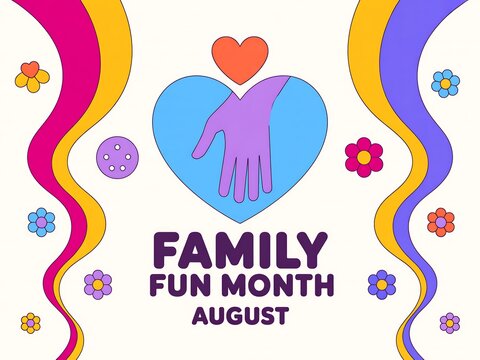 Retro Family Fun Month August Illustration with Heart Hand and Colorful Groovy Elements on a Cream Background