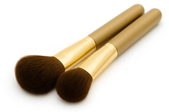 Two luxury gold makeup brushes with soft brown bristles for face powder and blush, professional cosmetic tools for beauty application, elegant fashion accessories isolated on white background