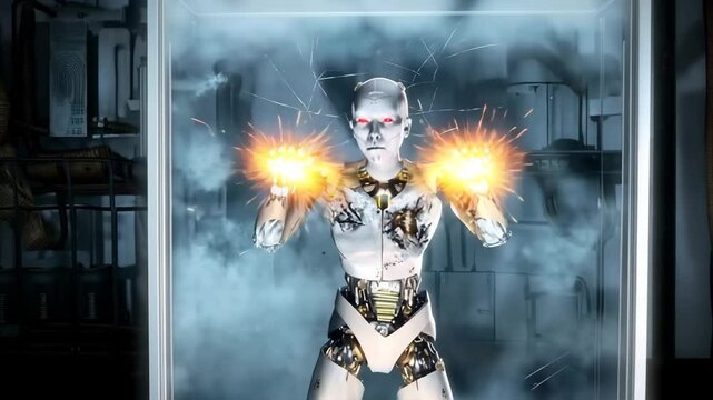 AI generated humanoid robot with cracked chest and glowing hands breaks through a glass screen