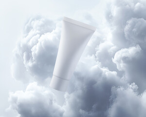 Cream tube levitates among thick smoke cloud on white background. Monochrome horizontal mockup of cosmetics with light texture. Matte plastic packaging with backlight