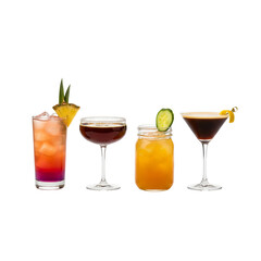 Four colorful cocktails in different glasses