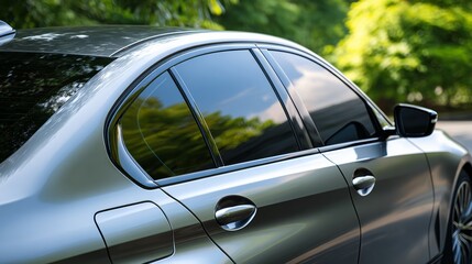 Obraz premium Side view of car window tint, ceramic film provides heat rejection and UV protection with stable color, car film installed on the glass surface of the , selected focus car tinting service