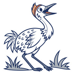 White cartoon crane with orange tuft stands squawking among gray grass blades on white