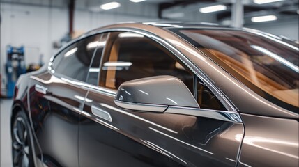 Side view of car window tint, ceramic film provides heat rejection and UV protection with stable color, car film installed on the glass surface of the , selected focus car tinting service