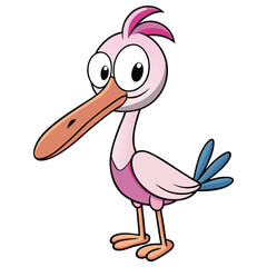 Cute pink flamingo cartoon with big eyes stands smiling towards us joyfully