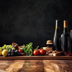 Rustic wooden table displays a vibrant still life featuring ripe fruits, vegetables, cheese, bread, and wine bottles against a dark backdrop