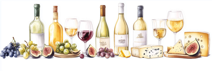 Vector illustration of wine and cheese watercolor clipart, on white background. Banner
