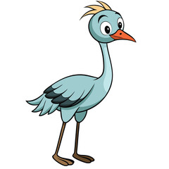 The cartoonish light blue crane stands gracefully with its orange beak and brown legs