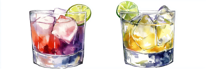 Vector illustration of two glasses with summer cocktails, watercolor on a white background