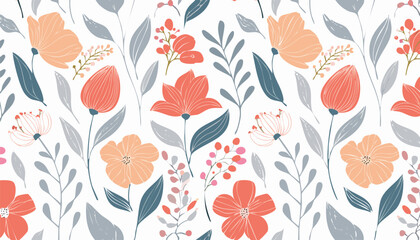 Simple Abstract Floral Seamless Pattern with Hand-Drawn Botanical Flowers and Leaves – Minimal Vector Design