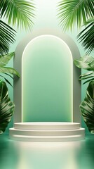 Tropical archway with illuminated doorway and green foliage for design background or print