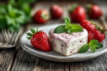 Heart shaped strawberry dessert with mint garnish on rustic wooden background, fresh and delicious