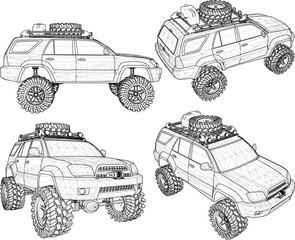 vector illustration of offroad vehicle design for adventure in the wild mountain forest with 4 wheel drive