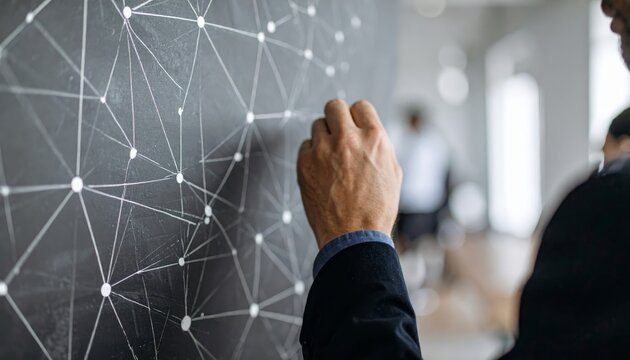 Network communication concept. Businessman drawing network structure on chalkboard