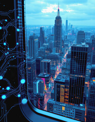 City skyline with illuminated skyscrapers and digital circuit overlay at dusk