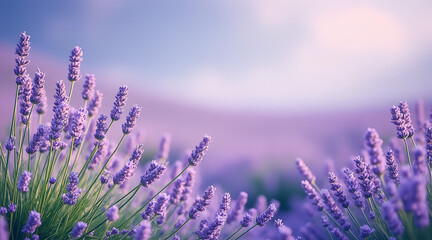 Fototapeta premium Lavender field photorealism background in soft purple and green, serene tranquil floral scenery with copy space