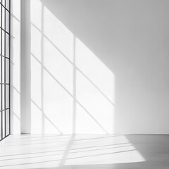 Fototapeta premium Sunlight streams through a large window, casting geometric shadows on a minimalist white room