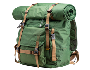 “Camping Backpack with Rolled Sleeping Bag Attached, PNG”.