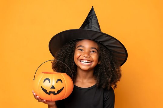 A smiling Black girl in a witch's hat holds a jack-o'-lantern candy bucket on an orange background.