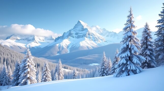 pristine white slopes, frozen trees, and snow-capped mountain peaks beneath a clear blue winter sky, landscape design