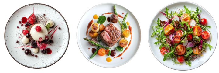 A set of restaurant dishes: main course, salad and dessert, isolated on a transparent background PNG