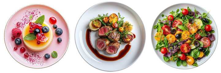 A set of restaurant dishes: main course, salad and dessert, isolated on a transparent background PNG