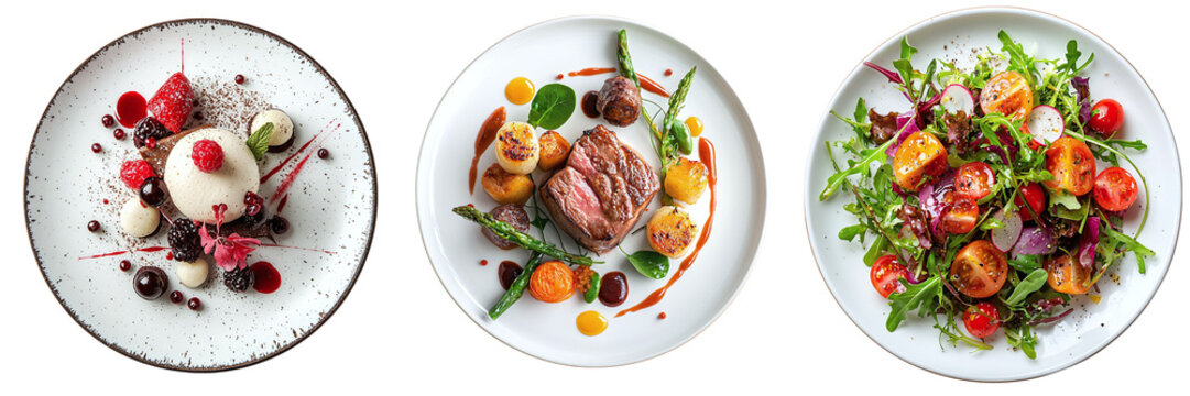 A set of restaurant dishes: main course, salad and dessert, isolated on a transparent background PNG