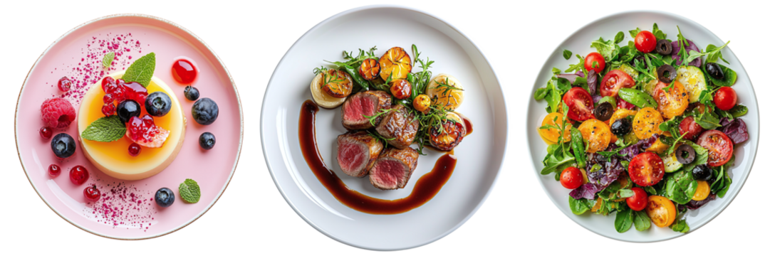 A set of restaurant dishes: main course, salad and dessert, isolated on a transparent background PNG