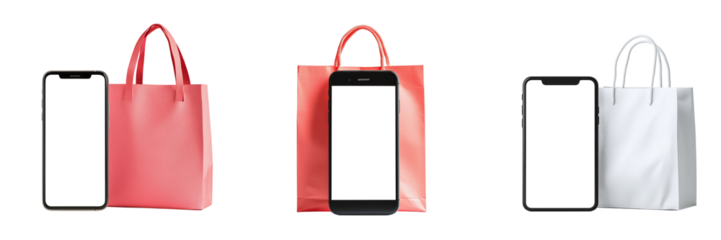 Smartphone mockup near paper shopping bag isolated on transparent background, PNG set