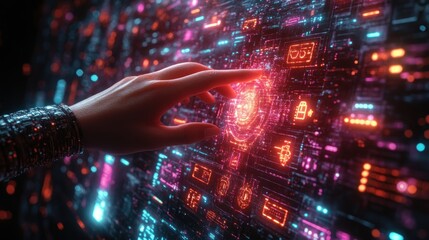 Hand interacting with digital interface illuminated by glowing neon lights