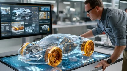 Automotive Designer at Work: An automotive designer reviews a transparent vehicle prototype on a high-tech table, with a detailed 3D model displayed on a nearby screen.