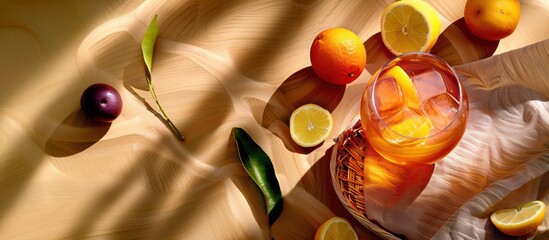 Golden kombucha with citrus slices on rustic picnic table in warm sunlight