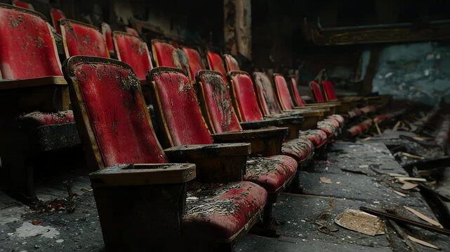 Abandoned  theater seats, decay, interior.