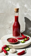 Elegant chili sauce bottle showcasing vibrant colors and fresh ingredients in natural light