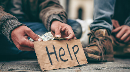 Fototapeta premium closeup of person giving money to homeless individual sitting on street with sign for help