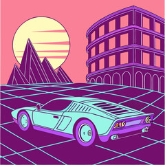 A sleek, futuristic sports car drives down a neon-lit city street, showcasing a vibrant, retro-futuristic aesthetic.