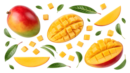Exotic mango composition, featuring whole ripe mangoes, perfectly sliced pieces and small flavorful cubes, scattered with lush green leaves on transparent background