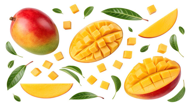 Exotic mango composition, featuring whole ripe mangoes, perfectly sliced pieces and small flavorful cubes, scattered with lush green leaves on transparent background