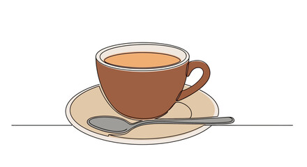 Continuous line drawing of a cup of tea with spoon