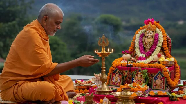 Man in orange robe performing puja with lit oil lamp near colorful deity statue. Hindu spiritual prayer ritual footage.