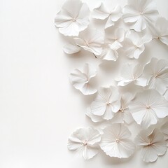 Delicate white flower petals scattered on a white background, creating a minimalist floral design