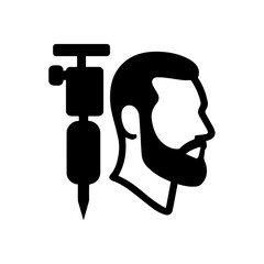 A black and white linear-fill style icon for a tattoo salon, featuring a tattoo machine alongside a human silhouette or a bearded head outline. 