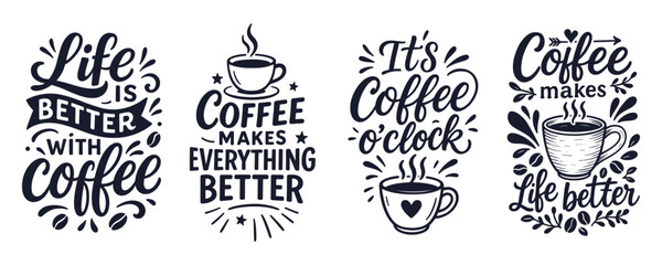 Coffee Quote Bundle Design – Hand-Drawn Typography with Coffee Cups and Positive Sayings for Café and Kitchen Decor