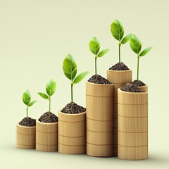 Young plants in varying growth stages, nestled in increasing sizes of bamboo cylinders, illustrating growth and progress