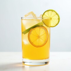 Citrus cocktail with lime and orange, Served in lowball glass with ice, Garnished with vibrant citrus wheels, Isolated on white background
