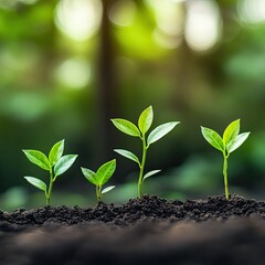 Four saplings of varying heights growing in rich soil, backlit by a sunlit green forest
