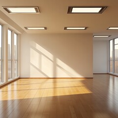 Sunlit empty room with hardwood floors and large windows offering city views