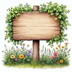 Watercolor Clipart of Wooden Garden Sign
