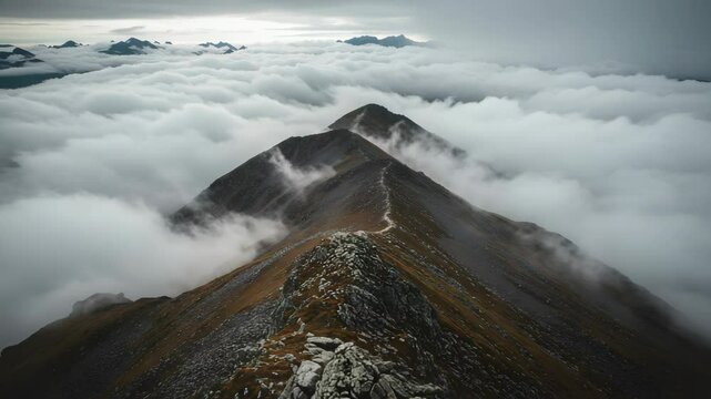 Majestic Mountain Peaks Emerging through White Clouds Aerial View Moody Sky Landscape